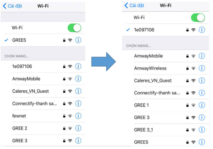 Mạng WiFi của máy lạnh Gree hiển thị trong cài đặt điện thoại