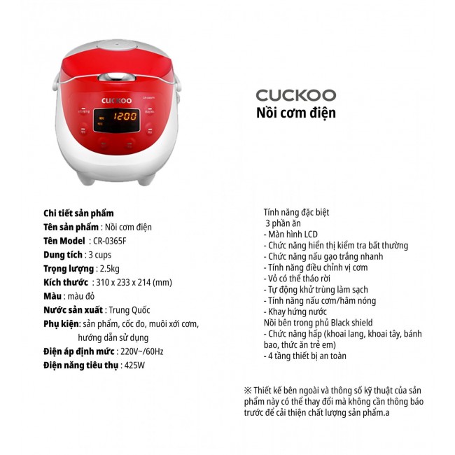 Nồi cơm điện CUCKOO CR-0365F 0,5 lít