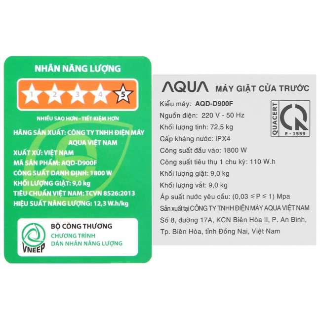 Máy Giặt Aqua Inverter 9 Kg AQD-D900F (W)