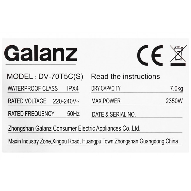 Máy sấy thông hơi Galanz 7 Kg DV-70T5C(S)