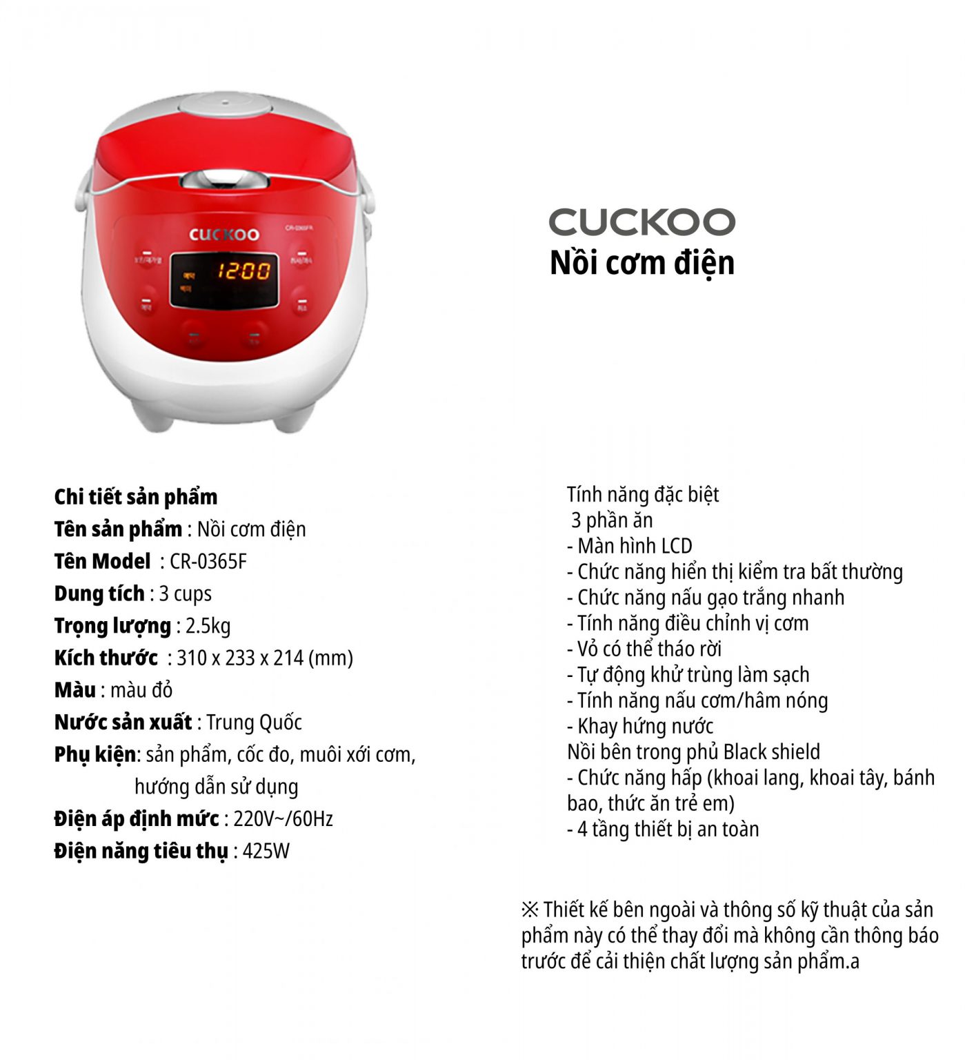 Nồi cơm điện CUCKOO CR-0365F 0,54 lít