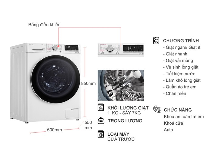 Máy giặt sấy LG Inverter 11kg FV1411D4W lồng ngang - Thông số kỹ thuật