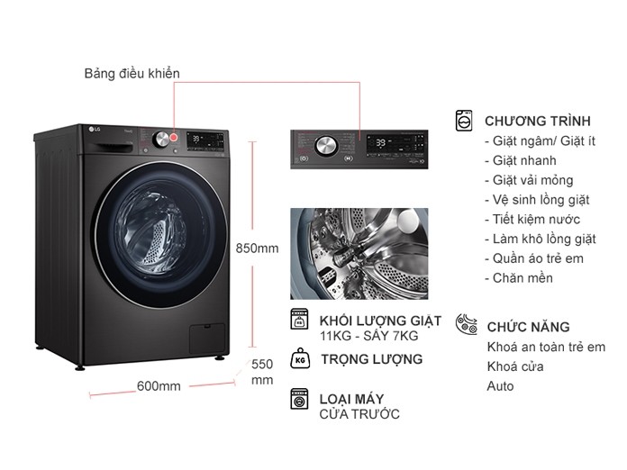 Máy giặt sấy LG Inverter 11kg FV1411H3BA lồng ngang - Thiết kế hiện đại, sang trọng