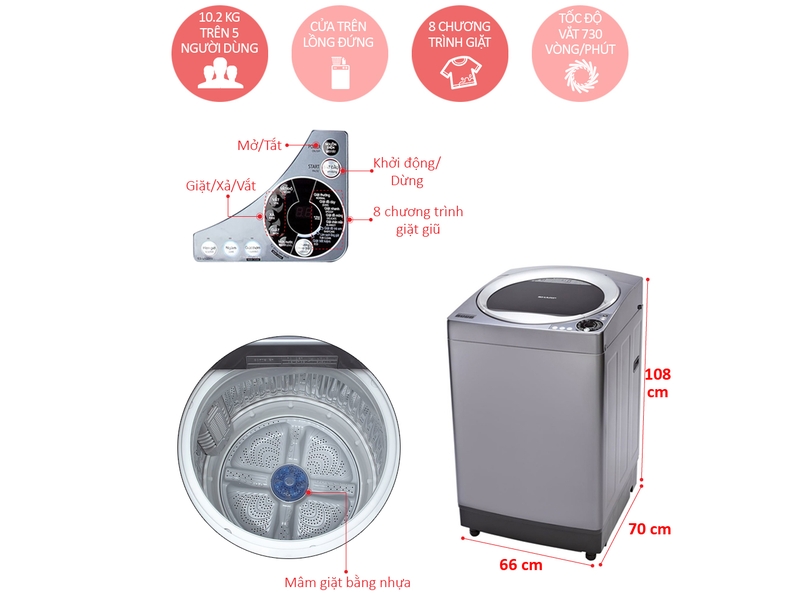 Máy giặt lồng đứng Sharp ES-U102HV-S 10.2kg