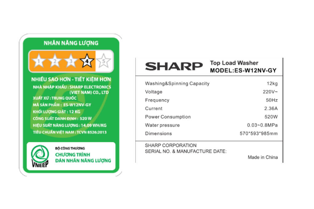 Máy giặt Sharp với động cơ bền bỉ, nhãn năng lượng 5 sao