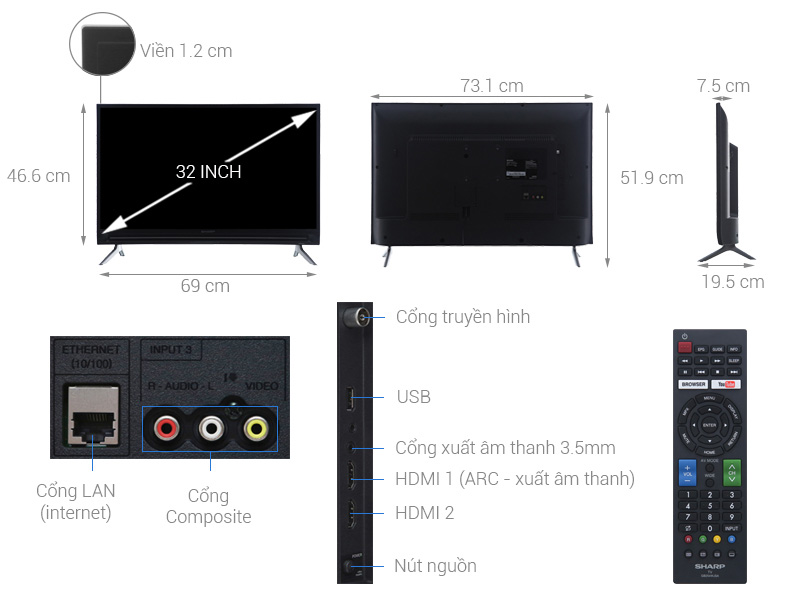 Smart Tivi Sharp LC-32SA4500X thiết kế thanh mảnh, hiện đại