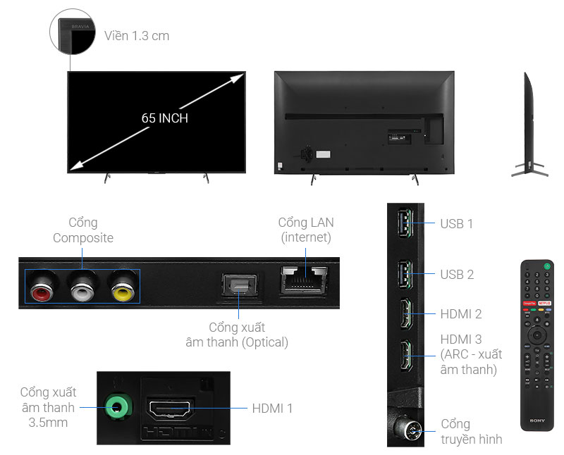 Android Tivi Sony 4K 65 inch KD-65X7500H thiết kế thanh thoát, hiện đại 