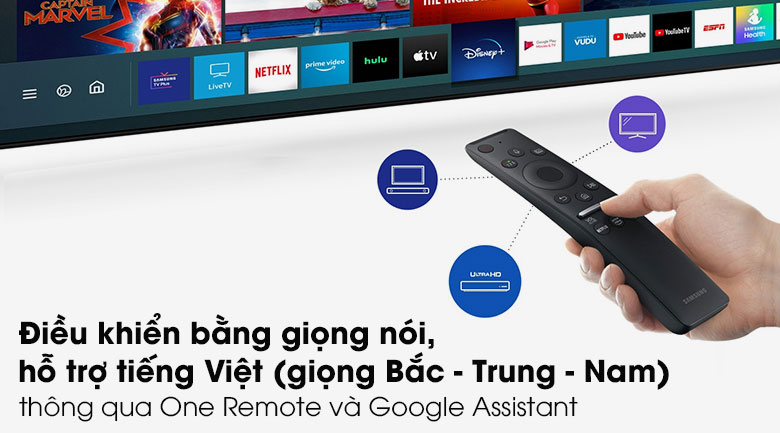Điều khiển bằng giọng nói, hỗ trợ tiếng Việt (giọng Bắc - Trung - Nam) qua One remote và Google Assistant