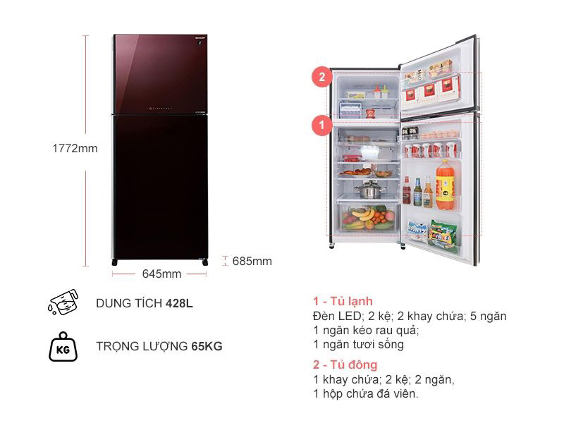 Tủ lạnh Sharp SJ-XP435PG-BR thiết kế tinh tế