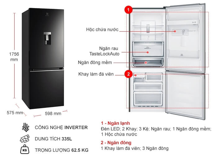 Tủ lạnh Electrolux Inverter EBB3742K-H 335 lít