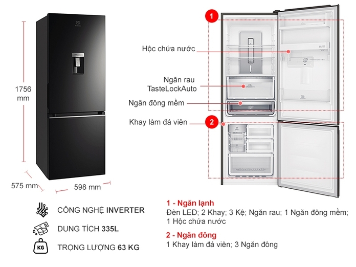 Tủ lạnh Electrolux Inverter EBB3762K-H 335 lít
