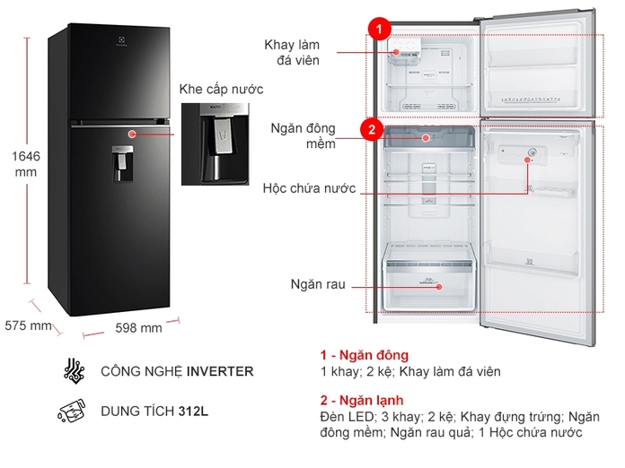 Tủ lạnh Electrolux Inverter ETB3460K-H 312 lít 